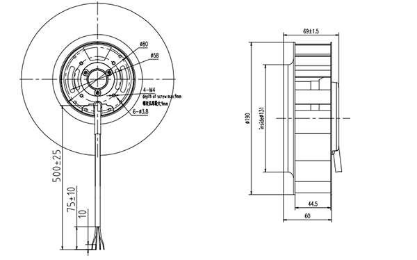 DC離心風(fēng)機(jī)190mm外形尺寸圖